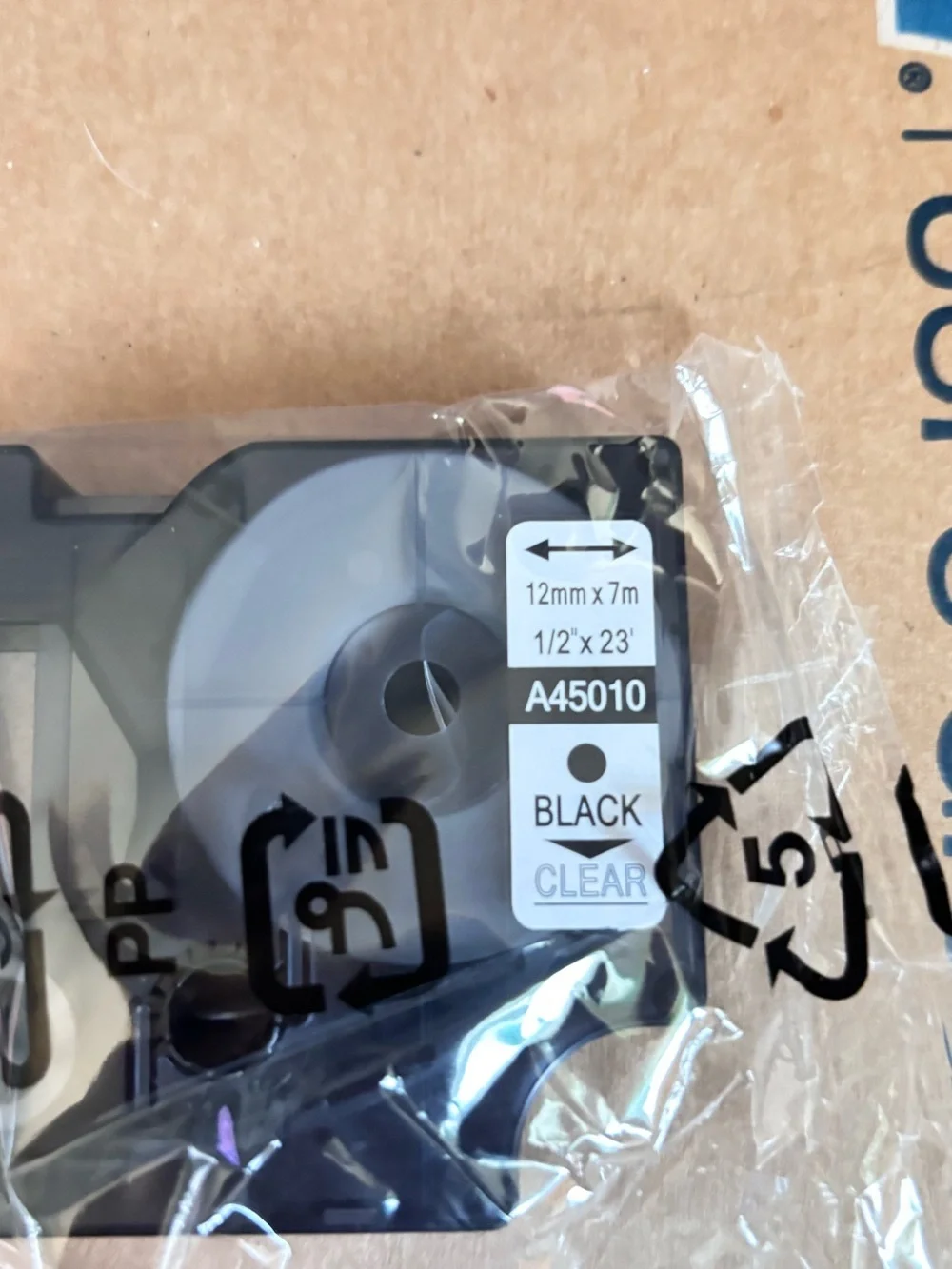 DYMO D1 label tape cassette, model 45010, which features 1/2 inch (12mm) wide
